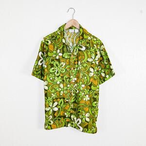 70's Vintage TownCraft JCPenney Green Retro floral Print Shirt Point collar sz L